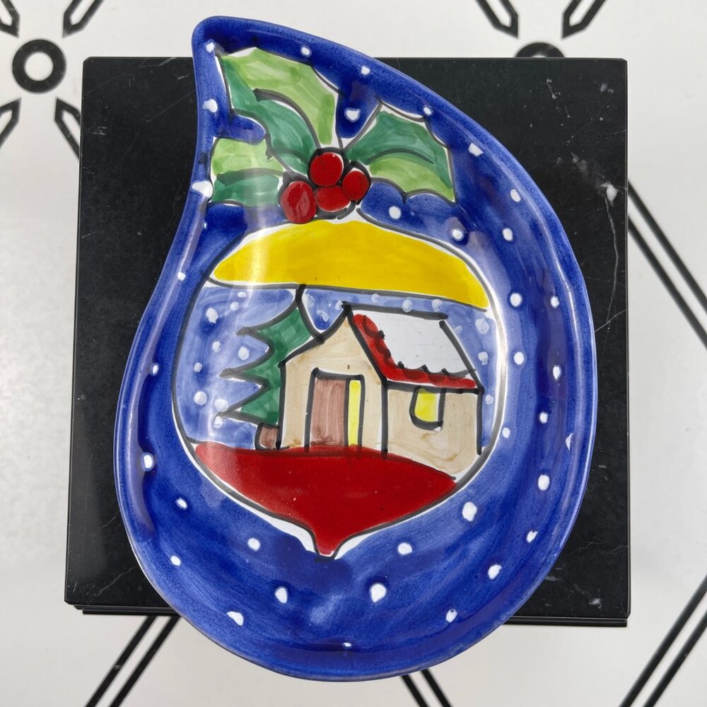 Vintage Made in Italy Ceramic Christmas Trinket Dish Winter Cottage Scene Blue